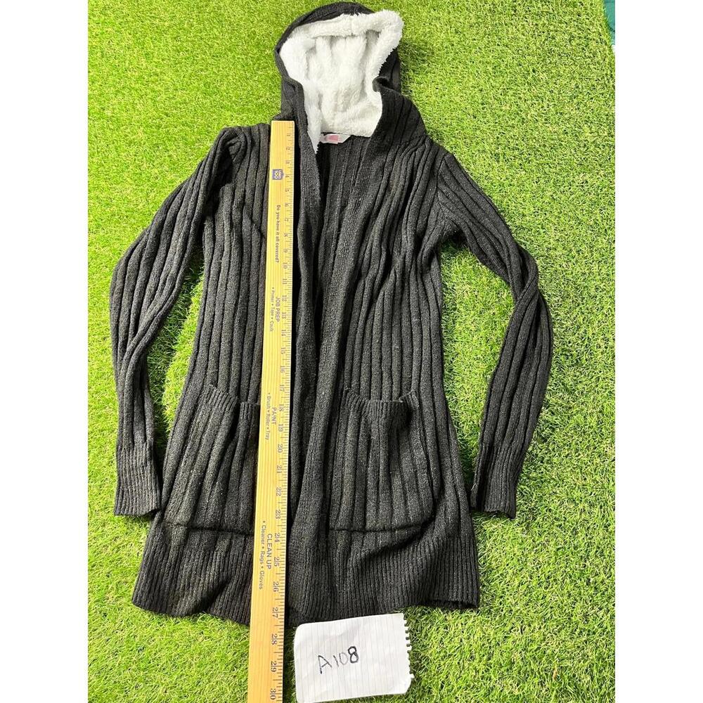 Womens XS SmallBlack Ribbed Knit Hooded‎ Cardigan Sweater with Fleece Lining